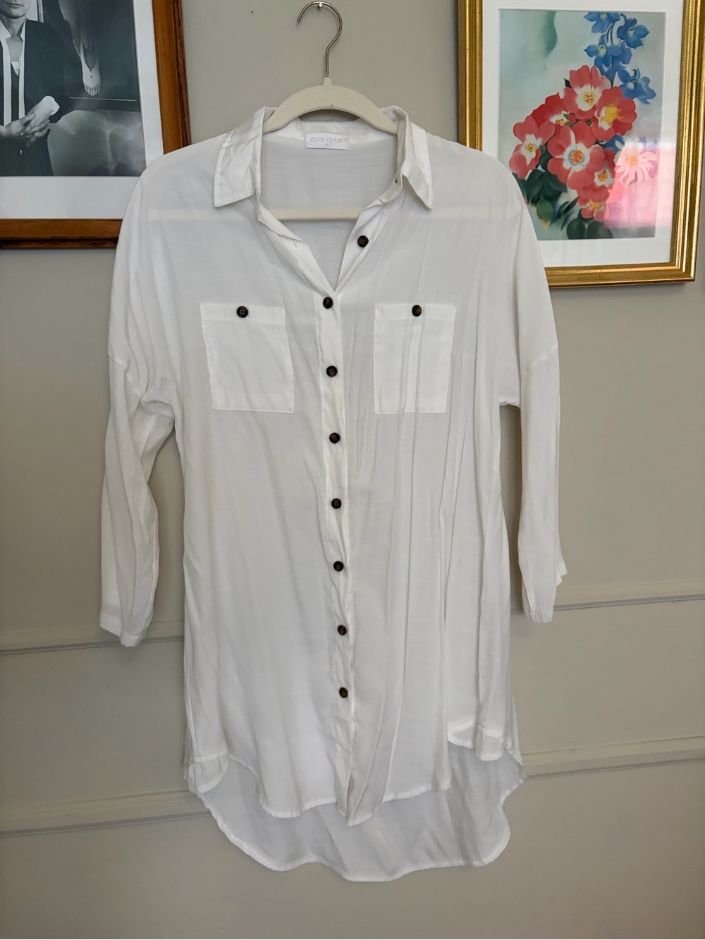 Lightweight White Button-Front Dress Women's Tunic Shirt